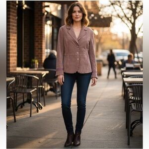 Terry Lewis Classic Luxuries Tan Suede Blazer with Scalloped Trim